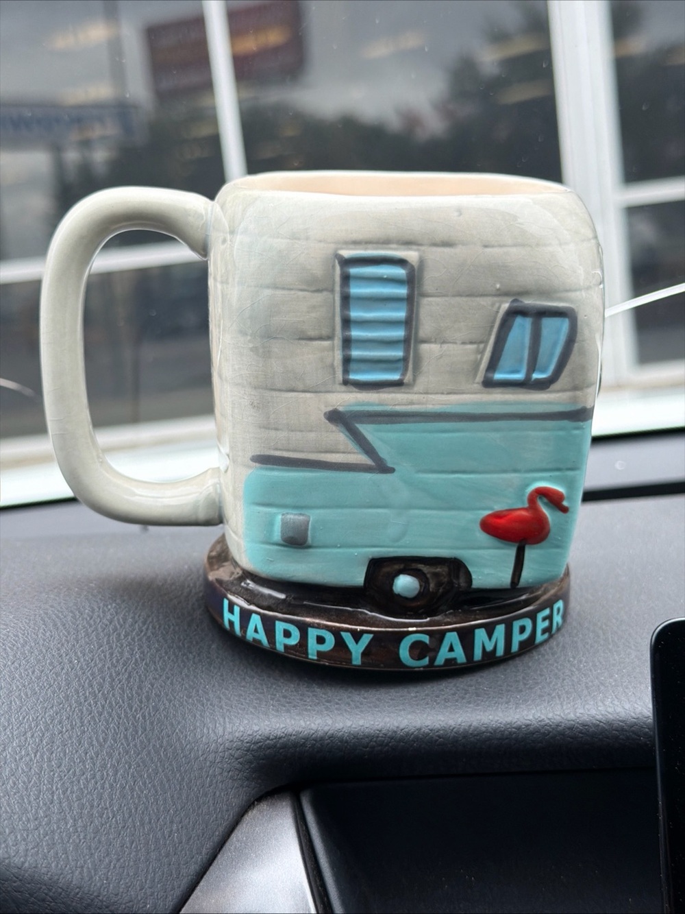 Ceramic Camper Mug - Aqua and Cream 'Happy Camper'